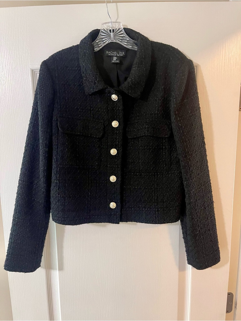 Rachel Zoe Black Tweed Cropped Blazer with Gold Buttons